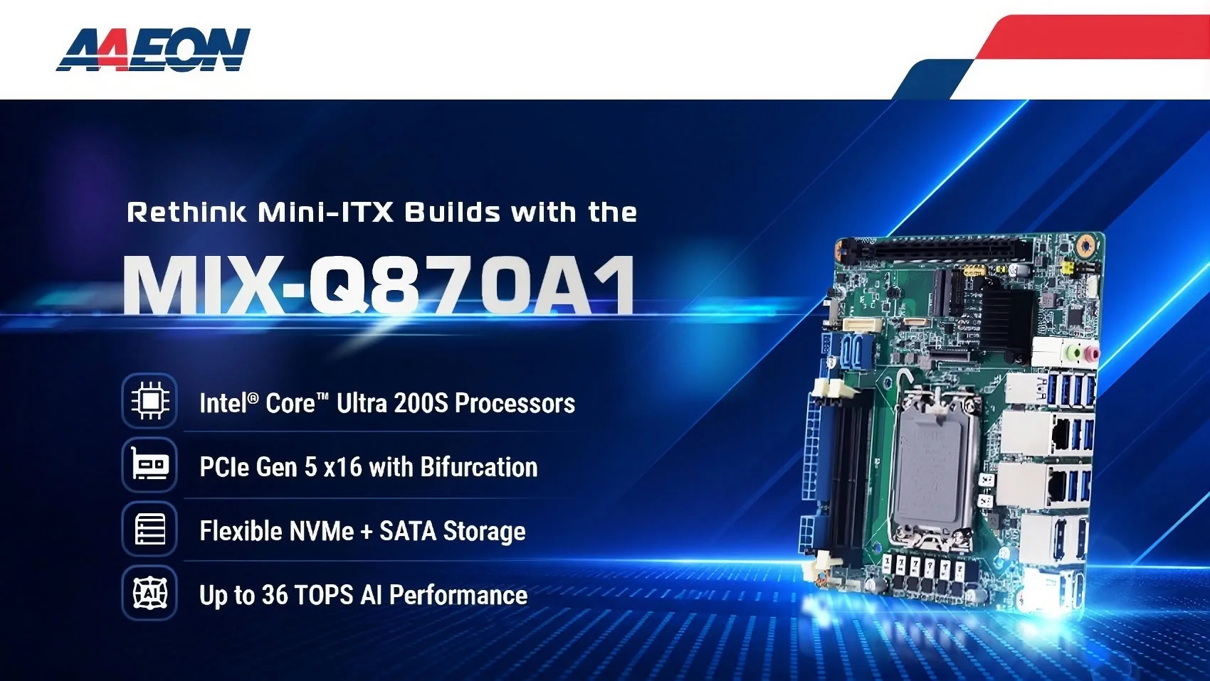 AAEON анонсировала компактную материнскую плату MIX-Q870A1 с модульной шиной PCIe 5.0 для промышленных ИИ-систем