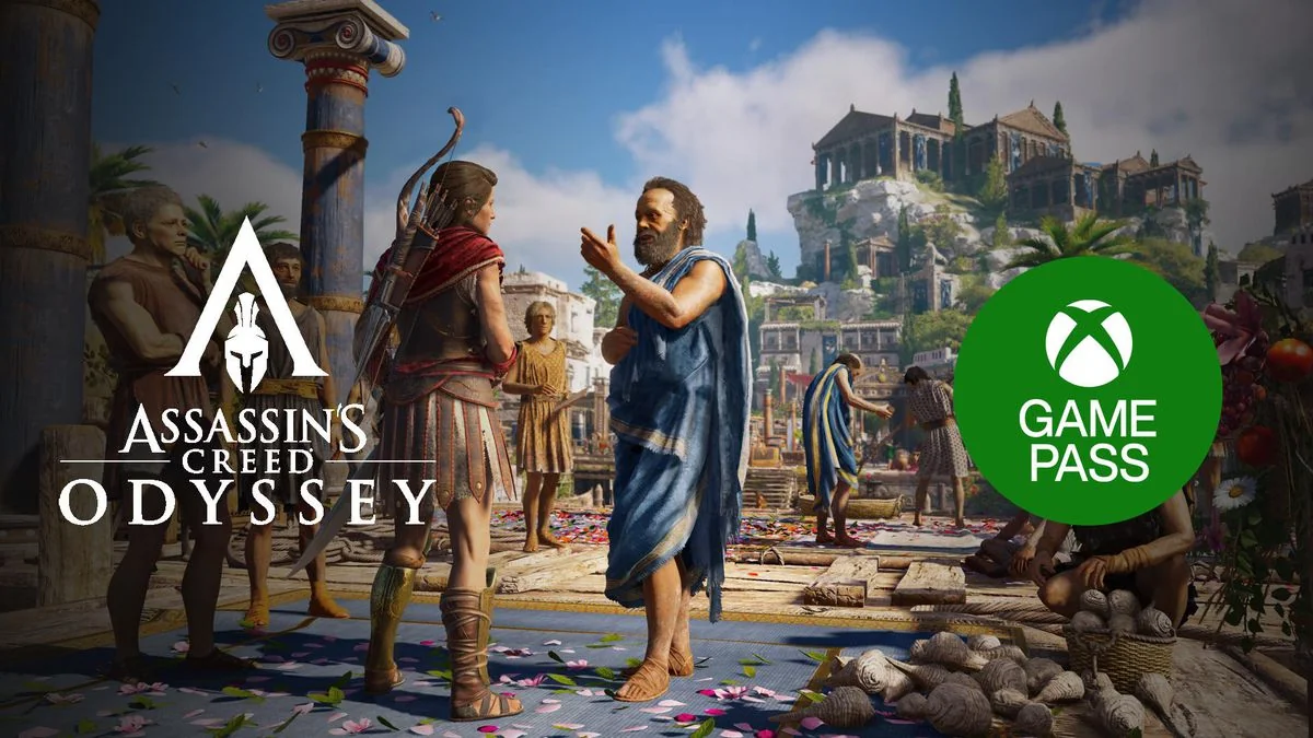 логотипы Xbox Game Pass и PlayStation Plus на фоне Assassin's Creed Odyssey
