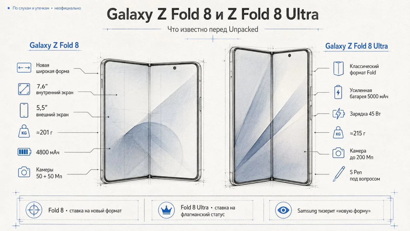 сравнение форм-факторов Galaxy Z Fold 8 и предыдущего поколения