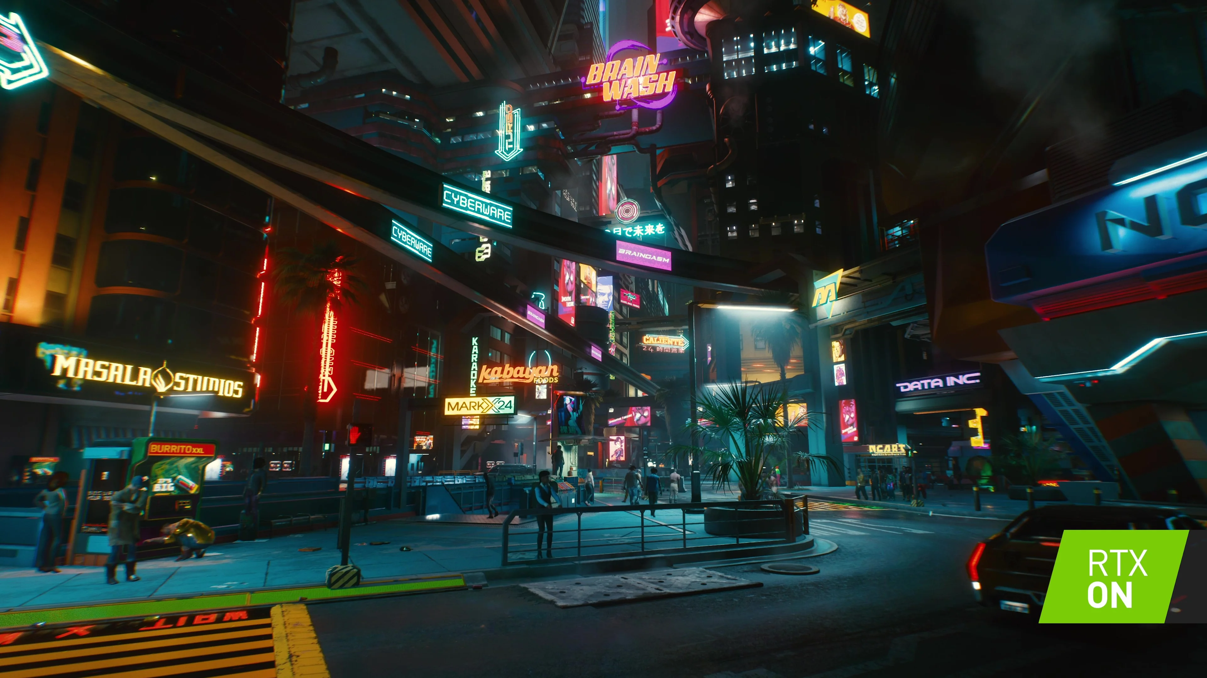 скриншот Найт-Сити из Cyberpunk 2077 с улучшенной графикой