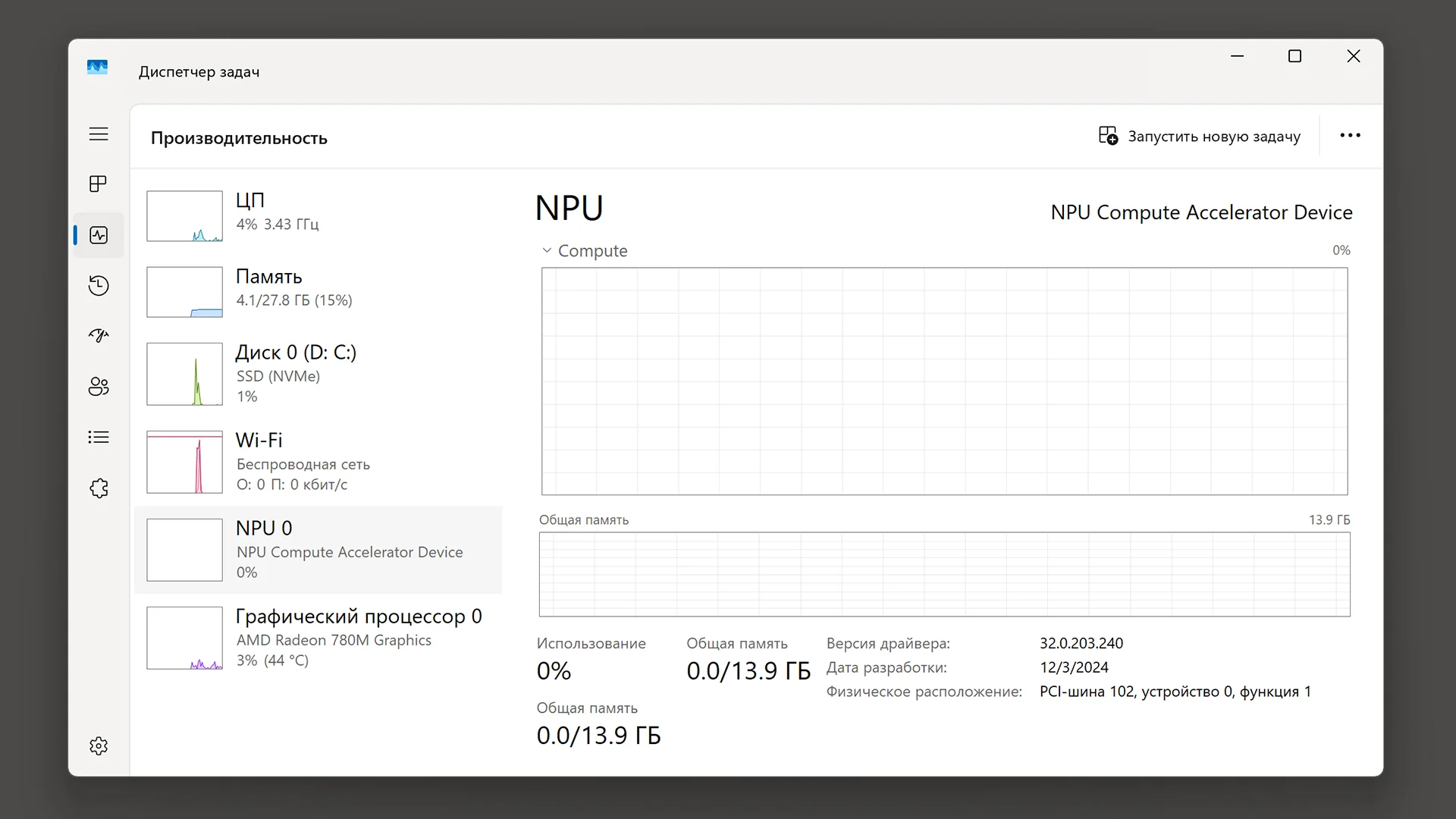 вкладка «Производительность» с графиками активности NPU и GPU Neural Engine
