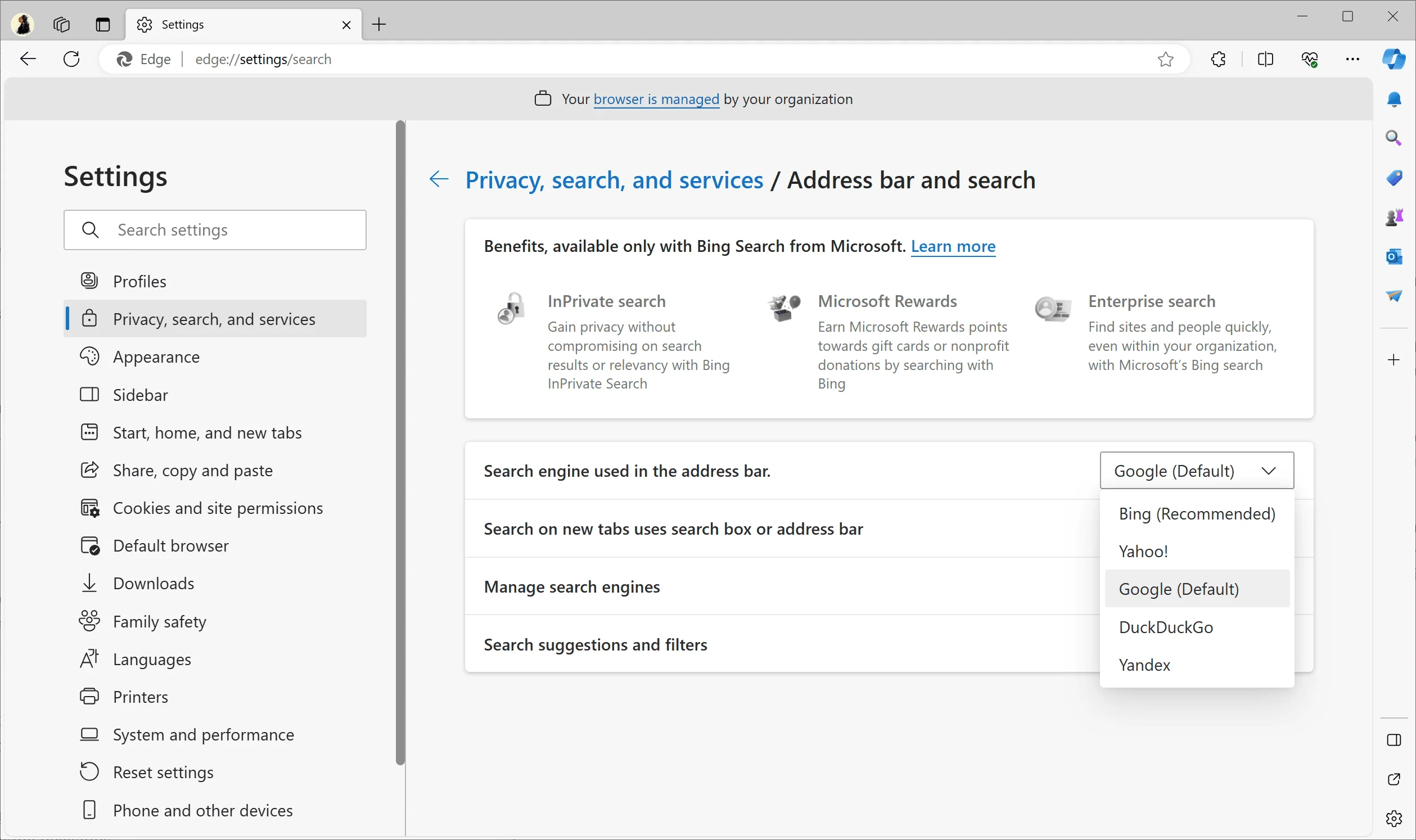 интерфейс приложения Microsoft Recommended Search Settings