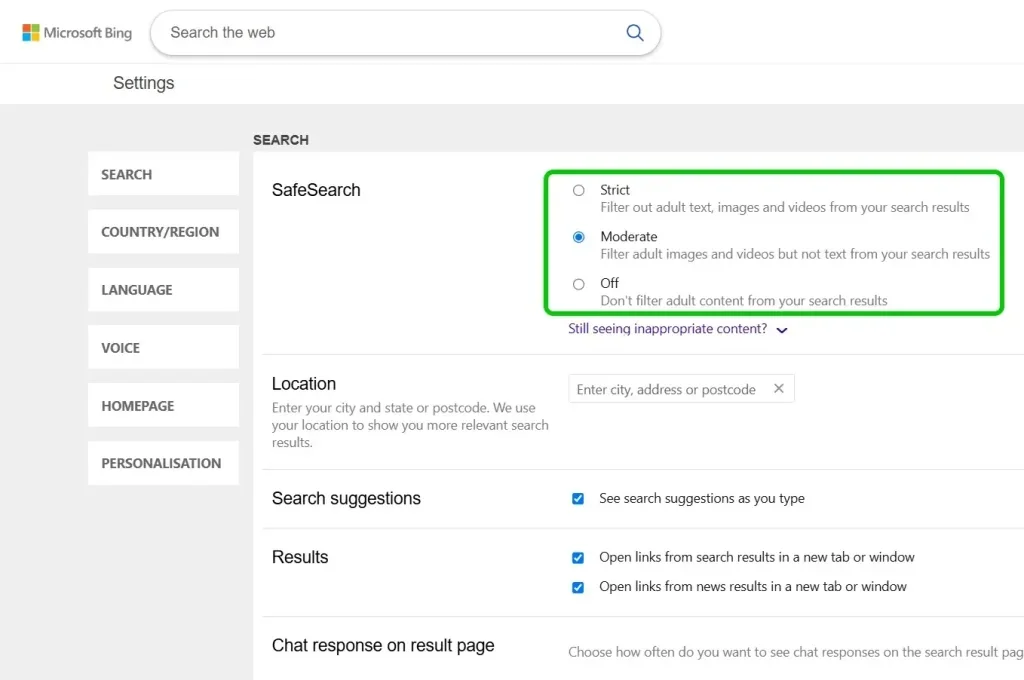 процесс настройки поиска Bing в приложении Microsoft