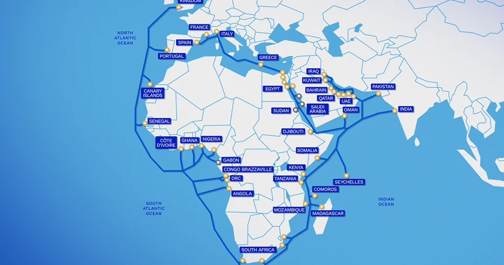 схема маршрута кабеля 2Africa Meta