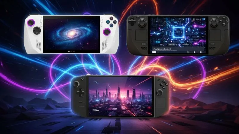Steam Deck OLED и конкуренты на фоне игрового сетапа