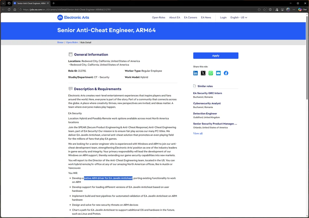 система античита EA Javelin на Windows-on-Arm