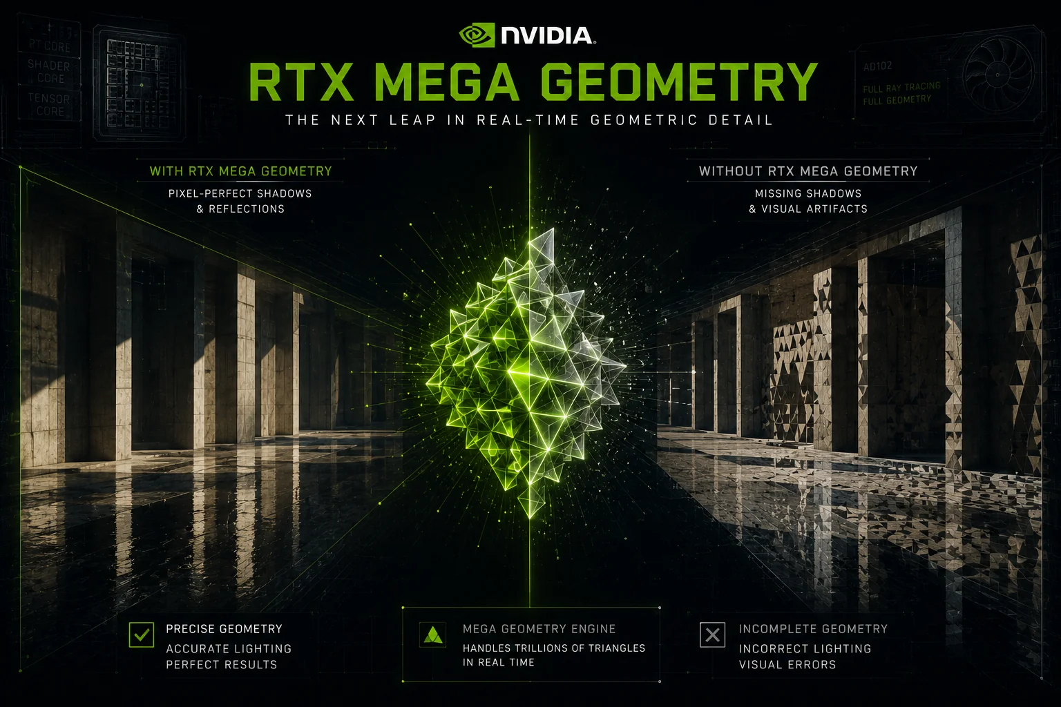 сравнение теней с RTX Mega Geometry и без