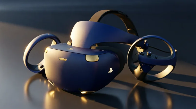 Гарнитура PlayStation VR2 на фоне логотипов Sony и Meta
