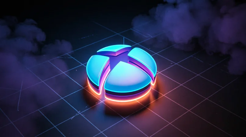 Логотип сервиса Xbox DNS на экране монитора с фоновым размытием серверной стойки