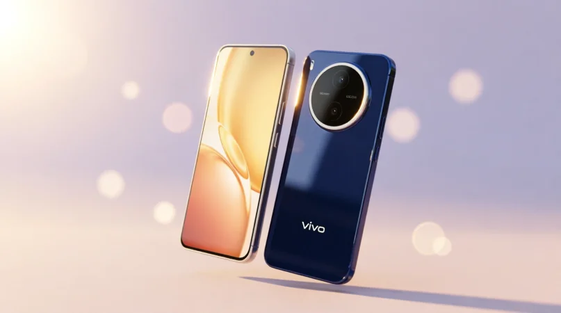 vivo Y600s Pro в цвете Starry Purple на деревянном столе рядом с беспроводной зарядкой и ключами
