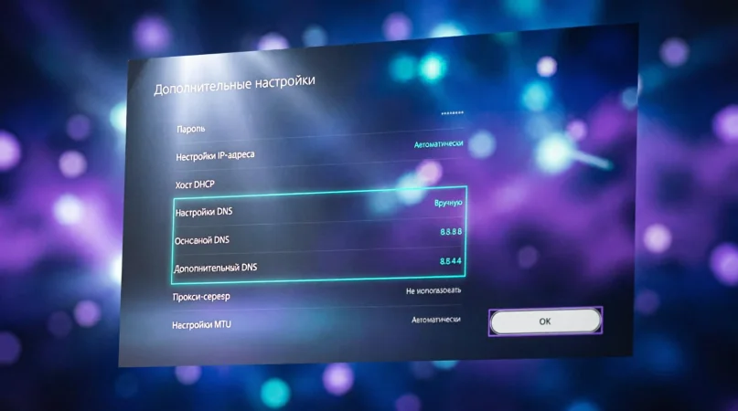 Интерфейс настроек сети PlayStation 5 с изменённым параметром Primary DNS для активации Relapse Expl