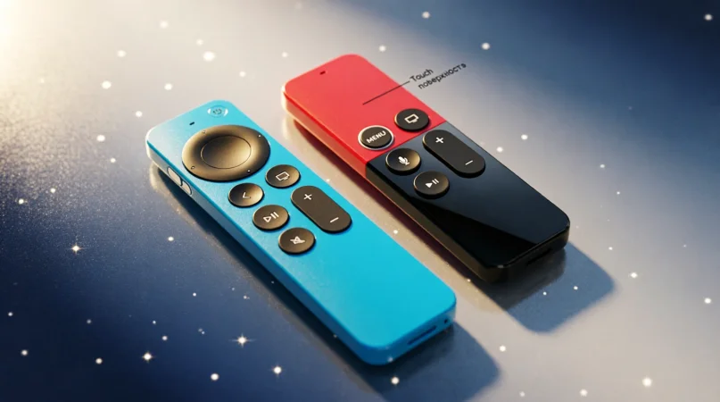 Новый Apple TV 4K с обновлённым пультом Siri Remote и чипом A19 на столе презентационного зала