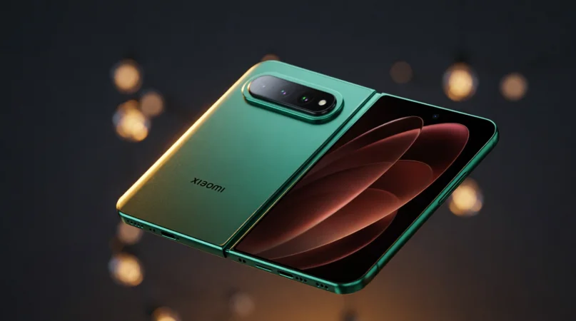 Смартфон Xiaomi 18 Fold в разложенном виде на столе с логотипом AnTuTu на экране