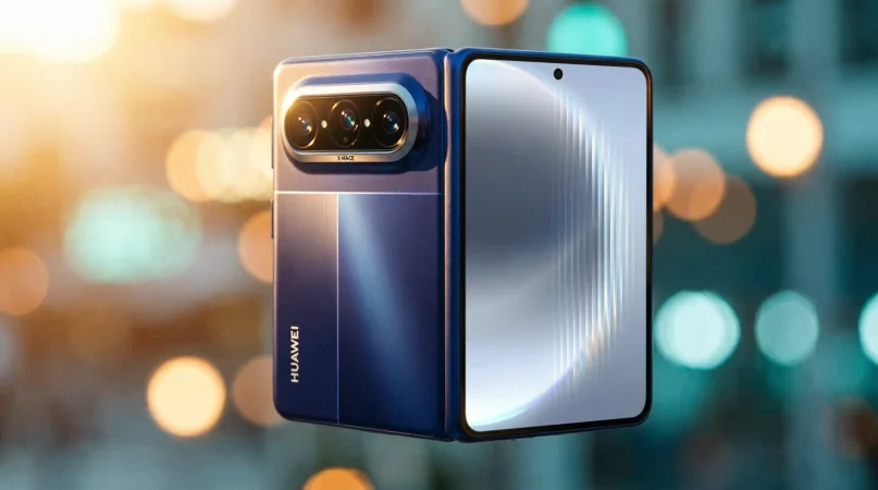 Смартфон Huawei Pura X Max и Apple Watch на столе разработчиков во время презентации HarmonyOS Galax