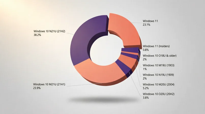Диаграмма доли Windows 10 и Windows 11 на рынке с логотипом Microsoft в углу