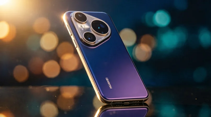 смартфон Huawei Pura 80 Ultra с выдвинутым телеобъективом на фоне вечернего города