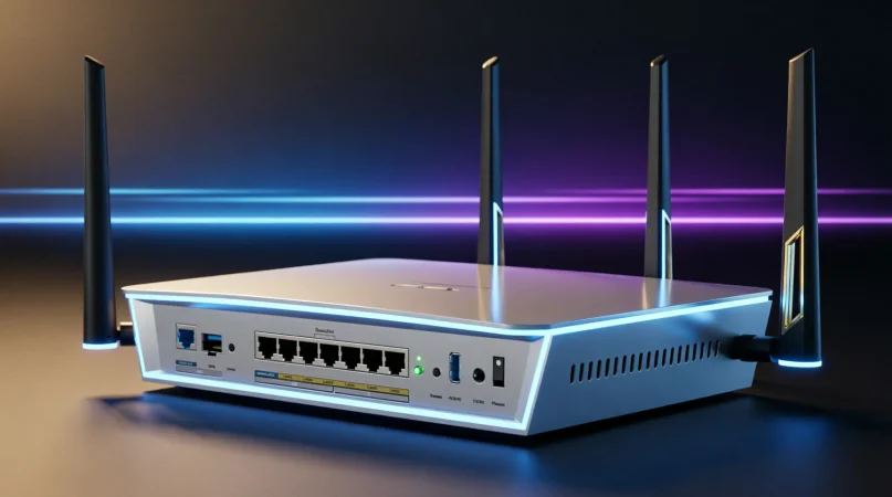 роутер ASUS RT-BE88U с поднятыми антеннами на фоне серверной стойки