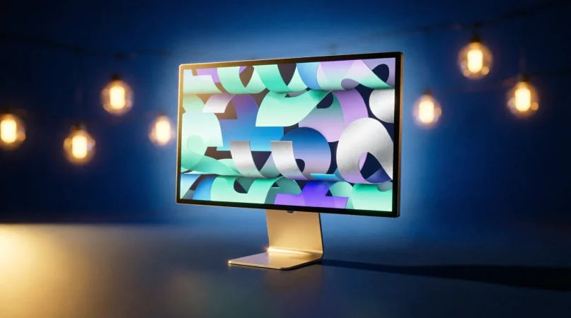 монитор Apple Studio Display на алюминиевой подставке отражает блики от настольной лампы