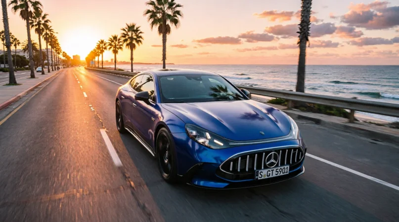 Электрический кроссовер Mercedes-AMG GT 4-Door Coupé в профиль, демонстрирующий аэродинамический сил