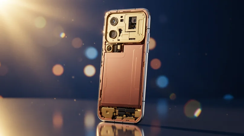 Рендер смартфона Xiaomi 18 Pro в космическом синем цвете на деревянном столе с бумажным стаканчиком 