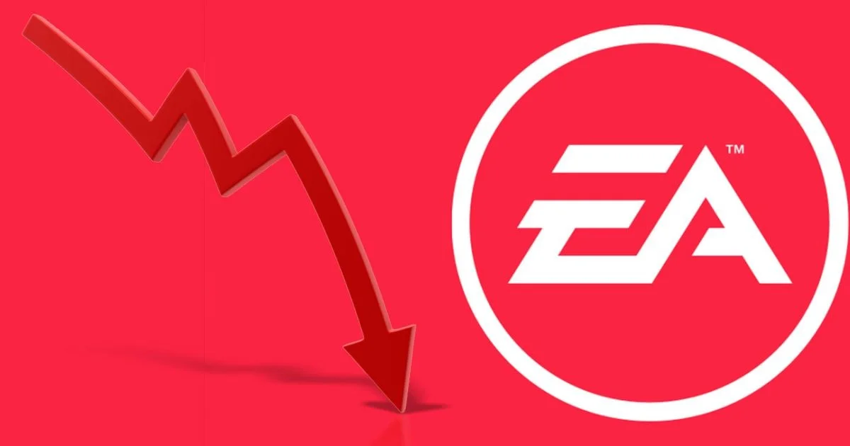 Логотип Electronic Arts на фоне графиков падения акций после новостей о закрытии BioWare