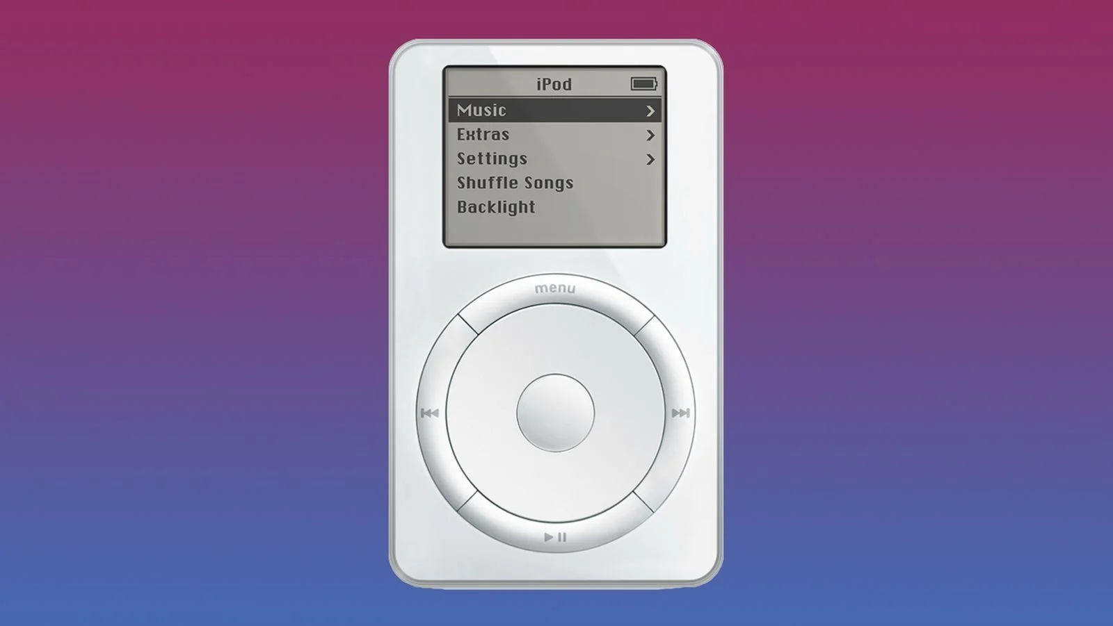 Виртуальный интерфейс первого iPod 2001 года с монохромным экраном и колесом прокрутки на странице о